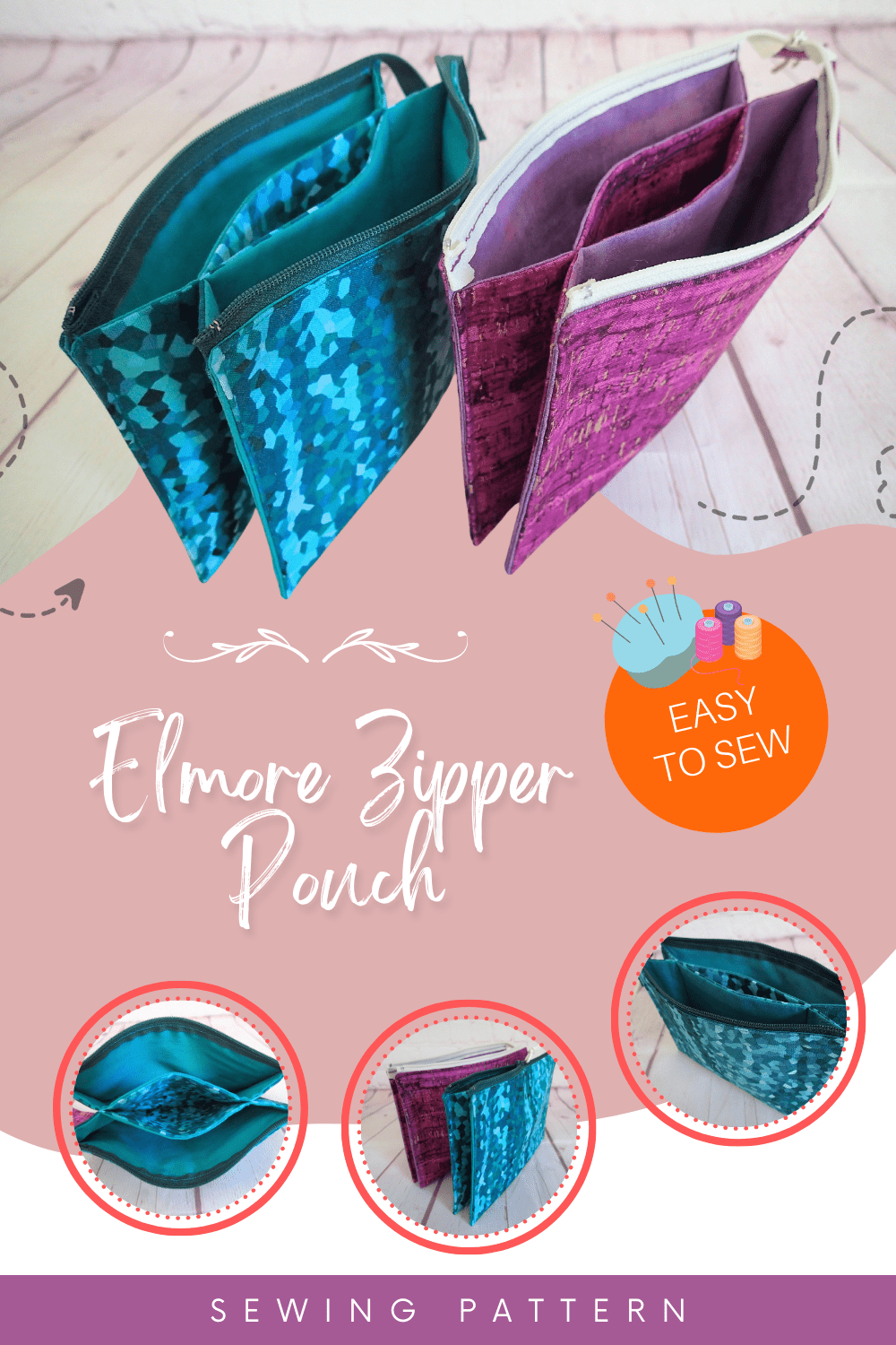 Elmore Zipper Pouch sewing pattern. An easy to sew zipper pouch for beginners. Easy zipper installation, no printed pattern pieces needed. This fully lined diy zipper bag is the ideal quick sew project, or sew to sell. Beginner friendly zipper bag to sew.