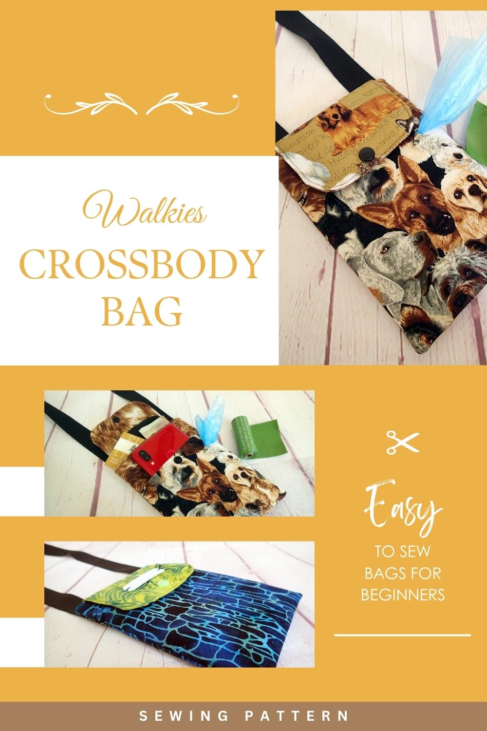 A very quick and easy bag to sew for beginners. The Walkies Doggie Crossbody Bag sews up as an easy cell phone pouch pattern with shoulder or crossbody strap. The perfect bag to sew for beginners, it is scrap friendly, doesn't use expensive materials, and is great as an easy project to sew and sell. Dog walking bag sewing pattern for doggy waste bags. SewSimpleBags