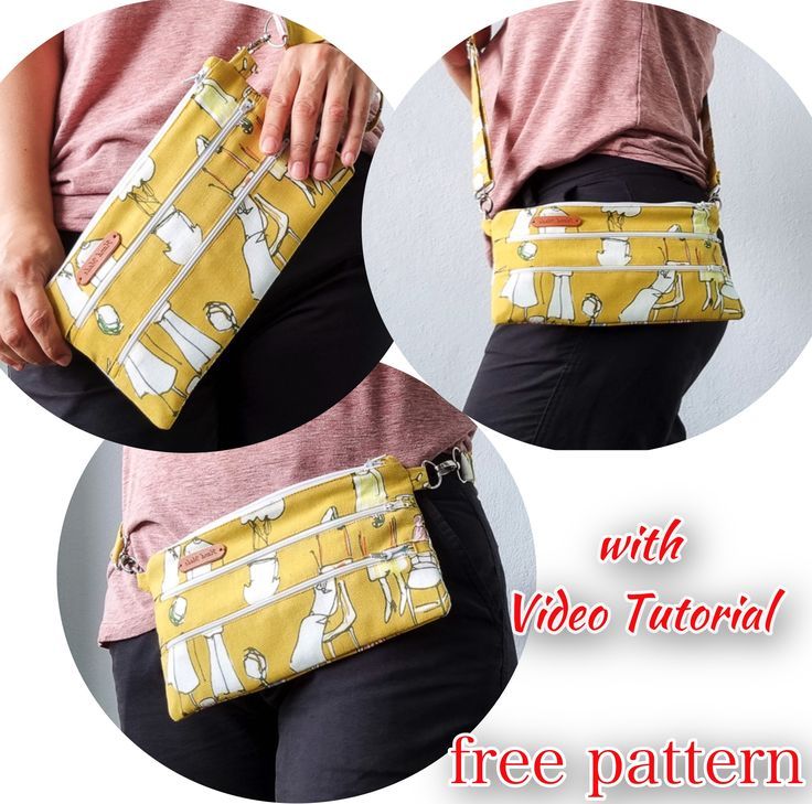 Woman showing the 3 different ways to wear this bag - hip, crossbody & wristlet