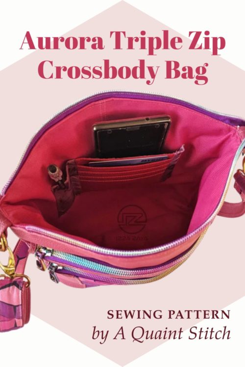 Interior card slot pocket detail on the Aurora Triple Zip Crossbody Bag sewing pattern