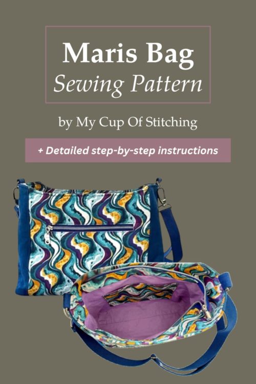 Completed Maris Bag sewn in batik waves fabric from the Maris Bag PDF sewing pattern by Sew Modern Bags