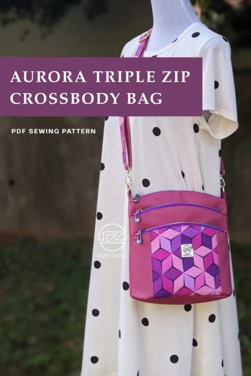 Aurora Triple Zip Crossbody Bag sewing pattern by A Quaint Stitch, three zip compartments shown