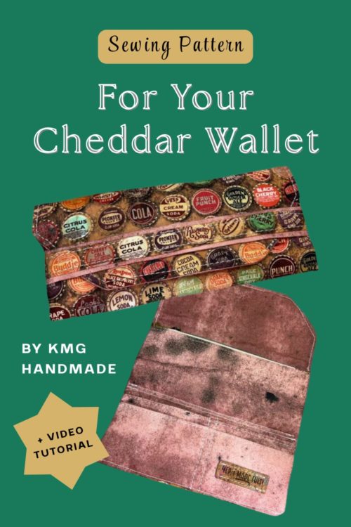 For Your Cheddar Wallet Sewing Pattern by KMG Handmade with Sew Modern Bags, colorful fabric, open to show eight card slots, slip pocket, and interior zipper pocket