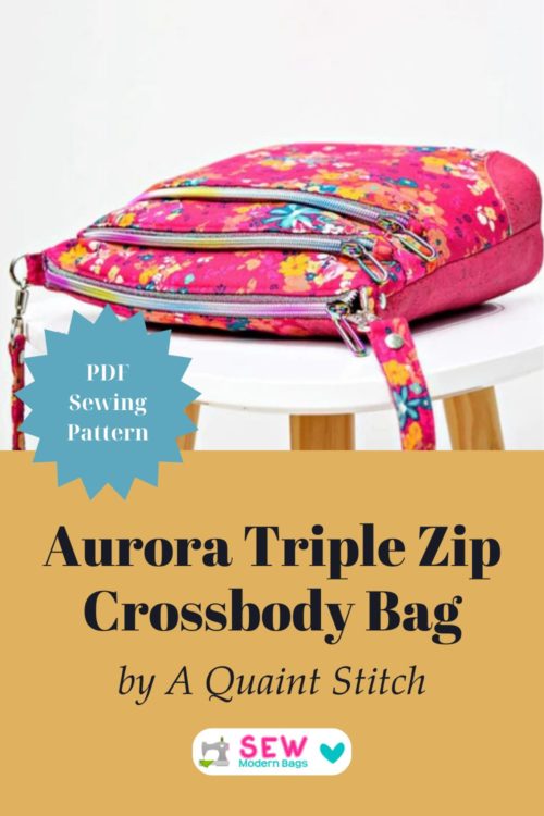 Aurora Triple Zip Crossbody Bag sewing pattern by A Quaint Stitch, three zip compartments shown