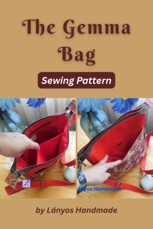Completed Gemma Bag showing the front magnetic snap pocket and inside pockets, made from the Gemma Bag PDF sewing pattern