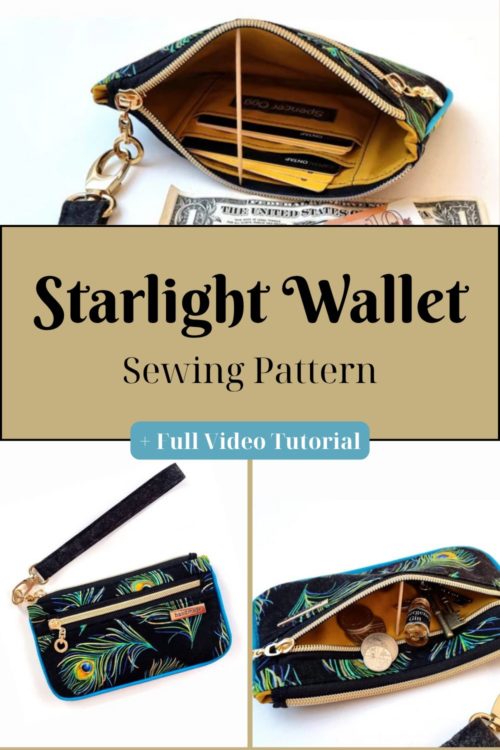 Starlight Wallet sewing pattern — slim mid-size wallet with front zip coin pocket and credit card slots