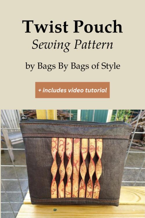 Finished Twist Pouch in patterned fabric with optional wrist strap, styled on a wooden surface with sewing notions nearby