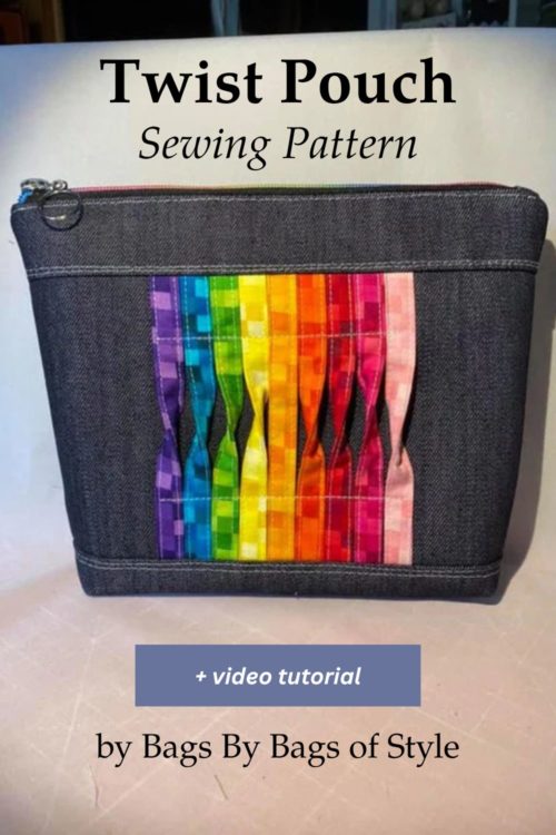 Twist Pouch sewing pattern by Bags of Style — handmade pouch with twisted fabric detail on the front, flat lay on fabric background