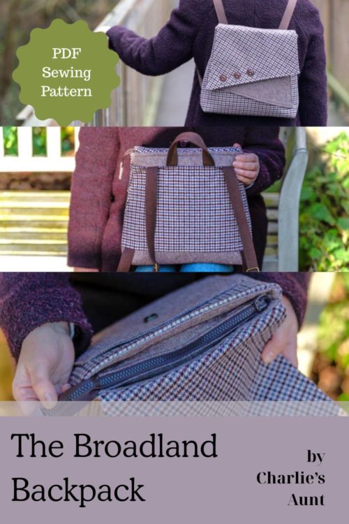 The Broadland Backpack sewing pattern by Charlie's Aunt — structured backpack with asymmetrical flap and recessed zipper in navy canvas