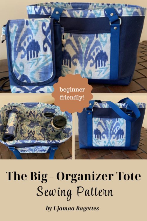 The Big Organizer tote bag pattern front view and inside view of bag shown with pockets