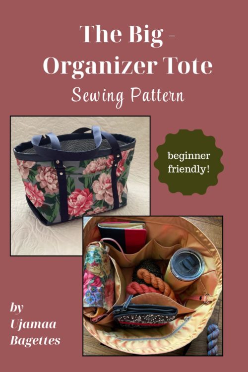 the big organizer tote bag sewing pattern showing finished bag in floral pattern with inside view of pockets