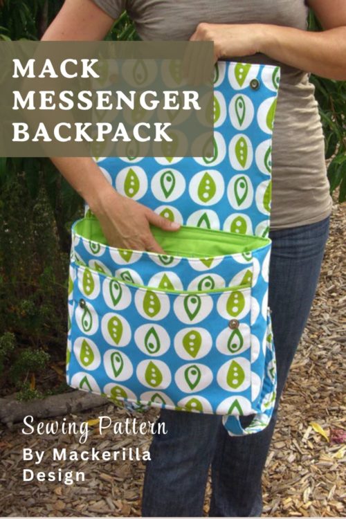 Completed Mack Messenger Backpack sewn in turquoise quilting cotton from the Mack Messenger Backpack PDF sewing pattern by Mackerilla Design