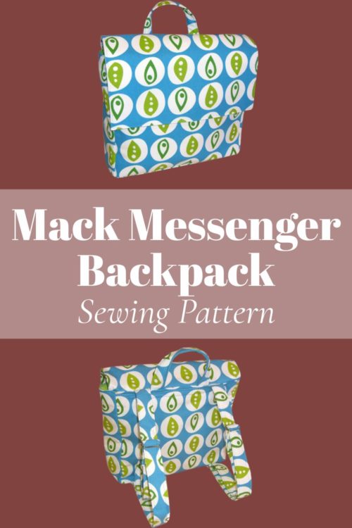 Mack Messenger Backpack sewing pattern by Mackerilla Design — structured bag in aqua fabric with adjustable straps and magnetic flap closure