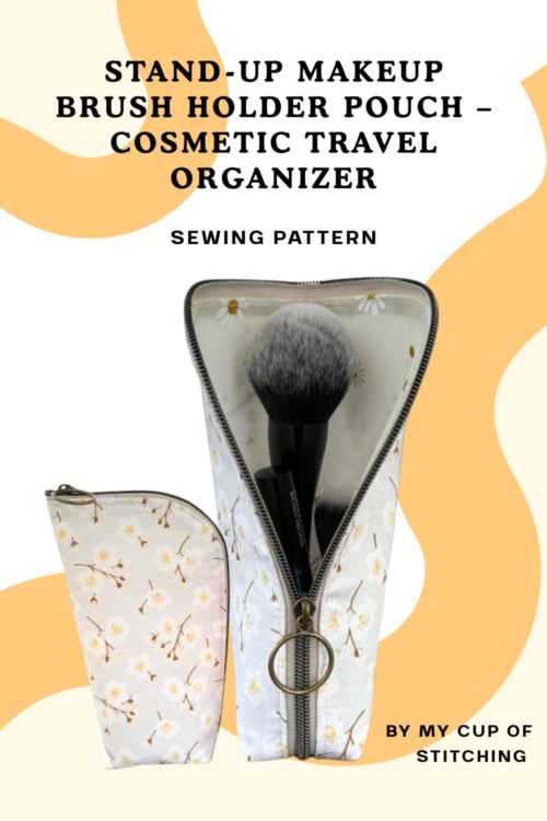 Stand-Up Makeup Brush Holder Pouch sewing pattern by My Cup Of Stitching — stand-up cosmetic organizer open and filled with makeup brushes